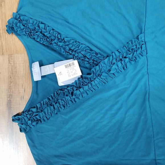 LIZ & ME Turquoise Blue V-Neck 3/4 Sleeve Ruffle Detail Top Shirt - Picture 3 of 11